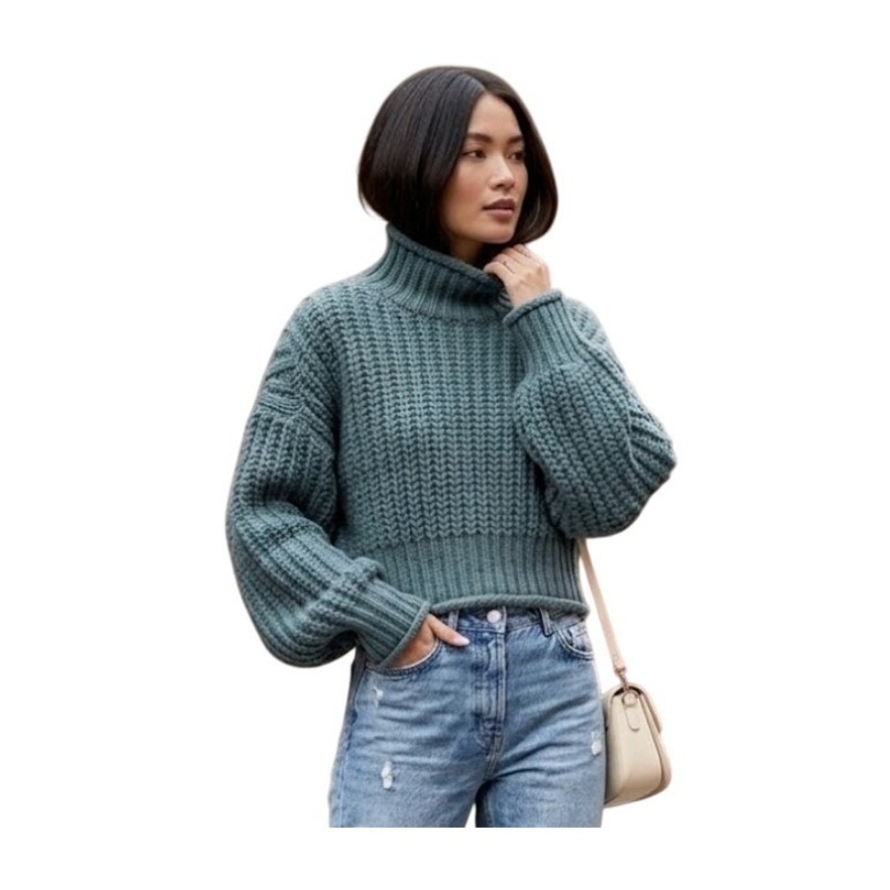 H&M Roll Neck Sweater‎ Chunky Green Ribbed Wool Knit M